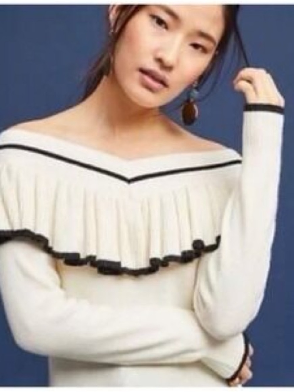Women’s Cream V-Neck Ruffle Sweater with Black Trim